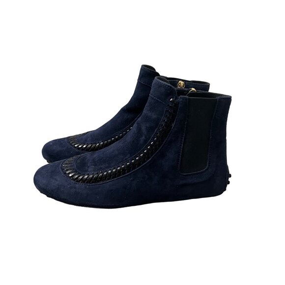 Tods Navy Suede Stitched Gommino Moccasin Ankle Driving Booties Womens Size 4.5